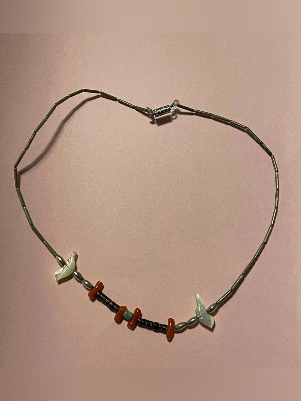 Vintage Turquoise Coral Heishi Liquid Silver Bird Necklace #9380